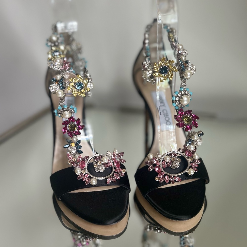 New JIMMY CHOO Reign 100 Satin Sandals With Camellia Mix Anklet $4,495 36 - Picture 7 of 16